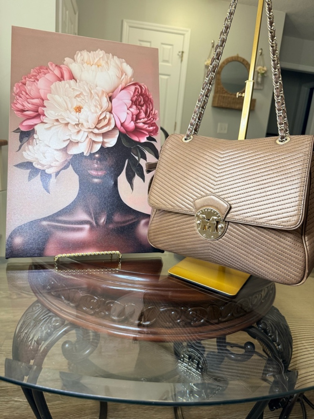 Metrocity Bronze Chevron Quilted Shoulder Bag with Chain Strap